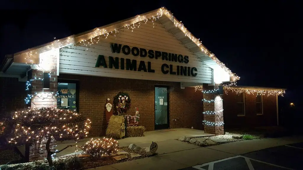 The Woodsprings Animal Clinic building at night, sign lit above the entrance
