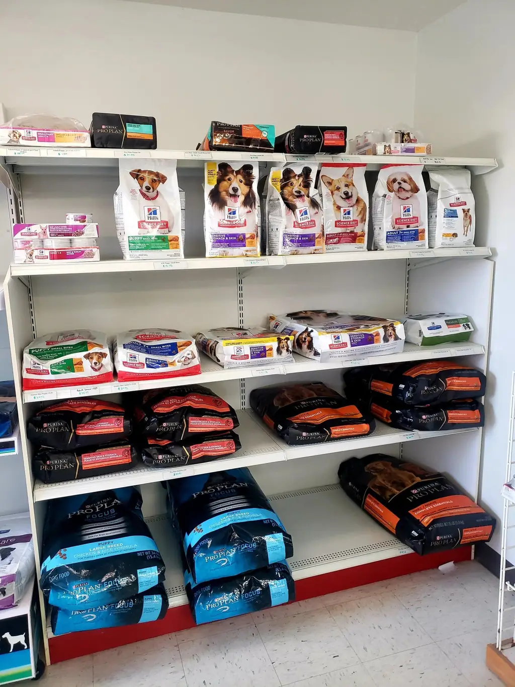 The prescription and everyday diet shelf inside Woodsprings Animal Clinic